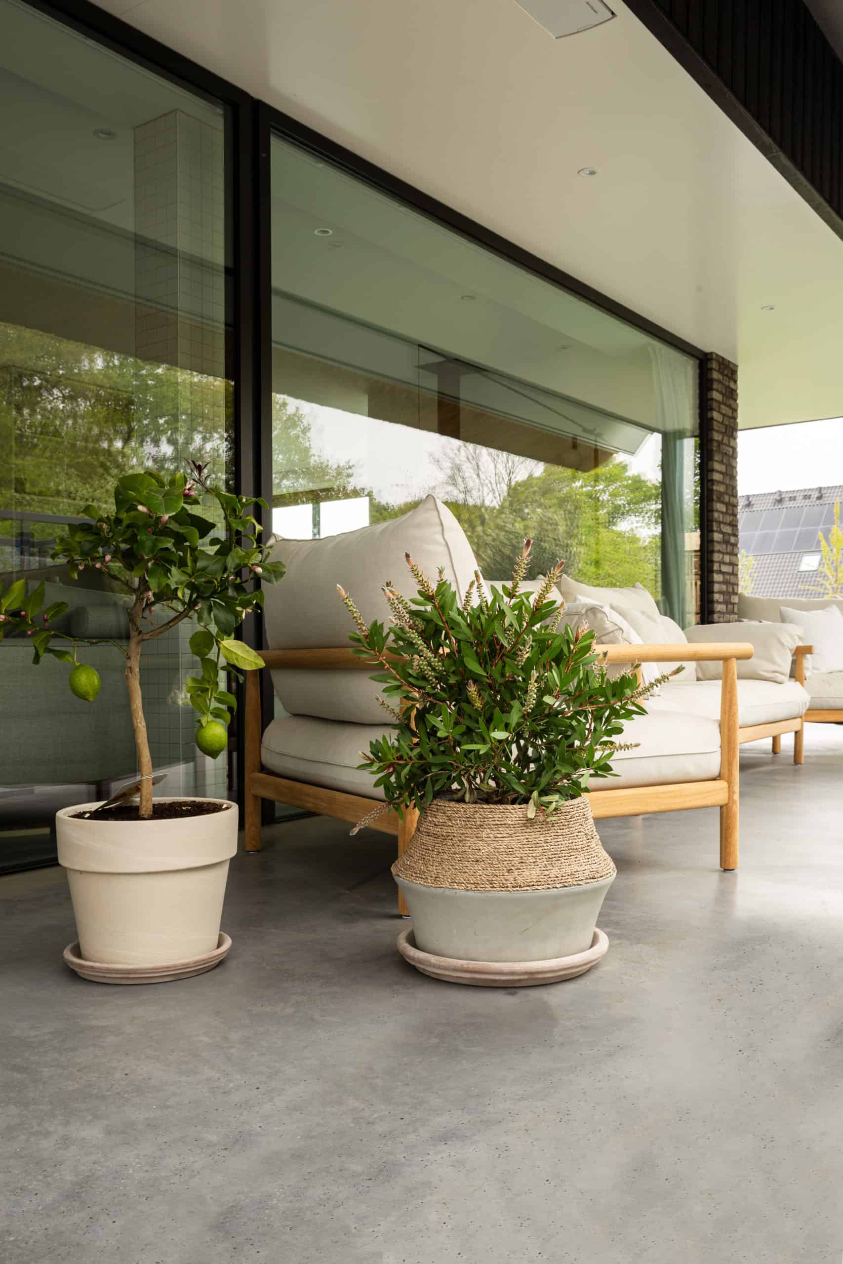 Gevlinderd betonnen terras van Willem Designvloeren in Harderwijk met daarop een houten tuinset en planten.