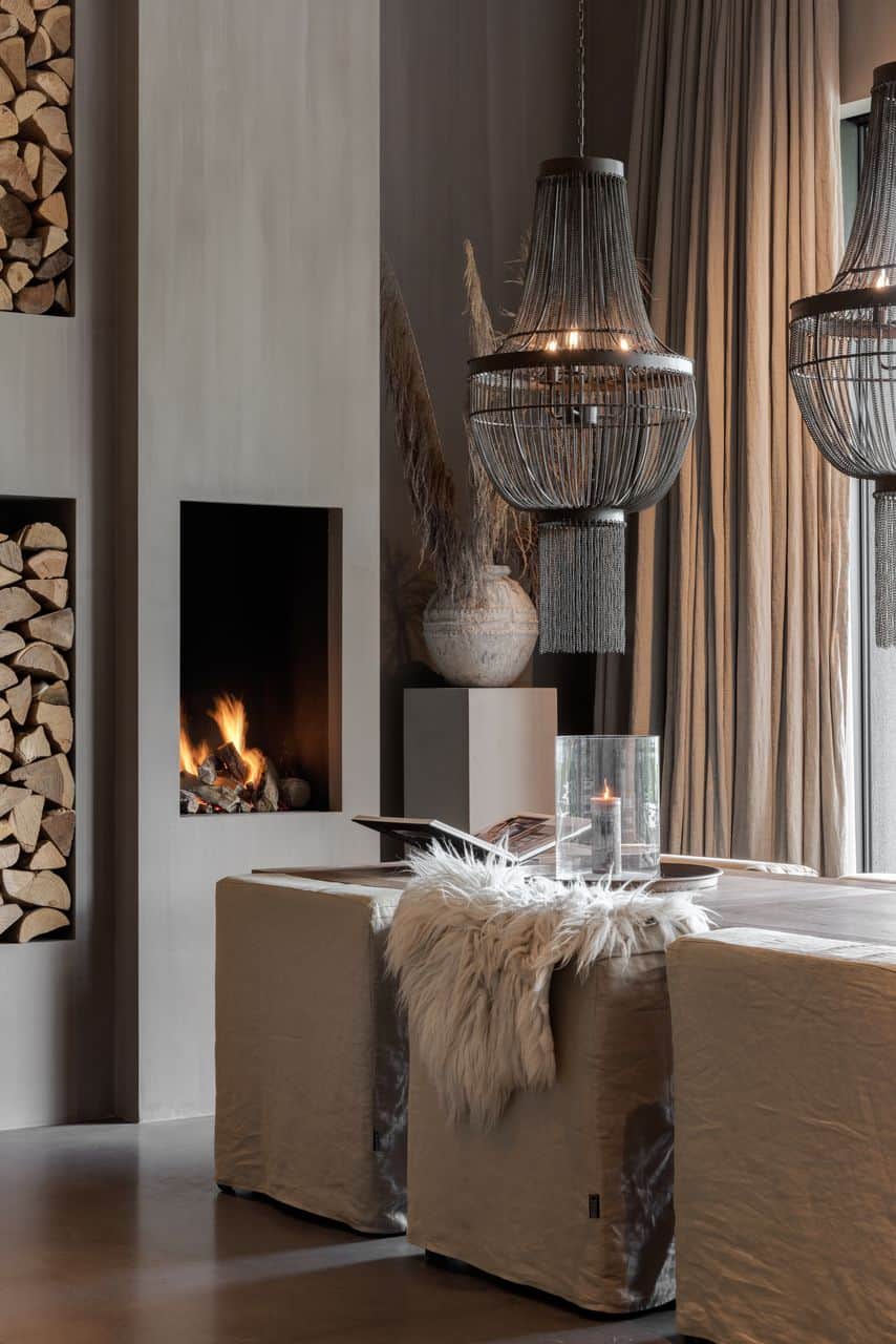 Gevlinderde betonvloer van Willem Designvloeren in Enschede met daarop landelijke stoelen. Ook zit er een open haard in de wand verwerkt met een gedeelte waar het hout ligt.